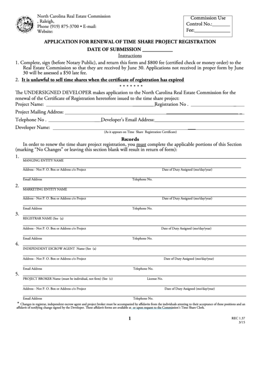 Fillable Application For Renewal Of Time Share Project Registration Form - North Carolina Real Estate Commission Printable pdf