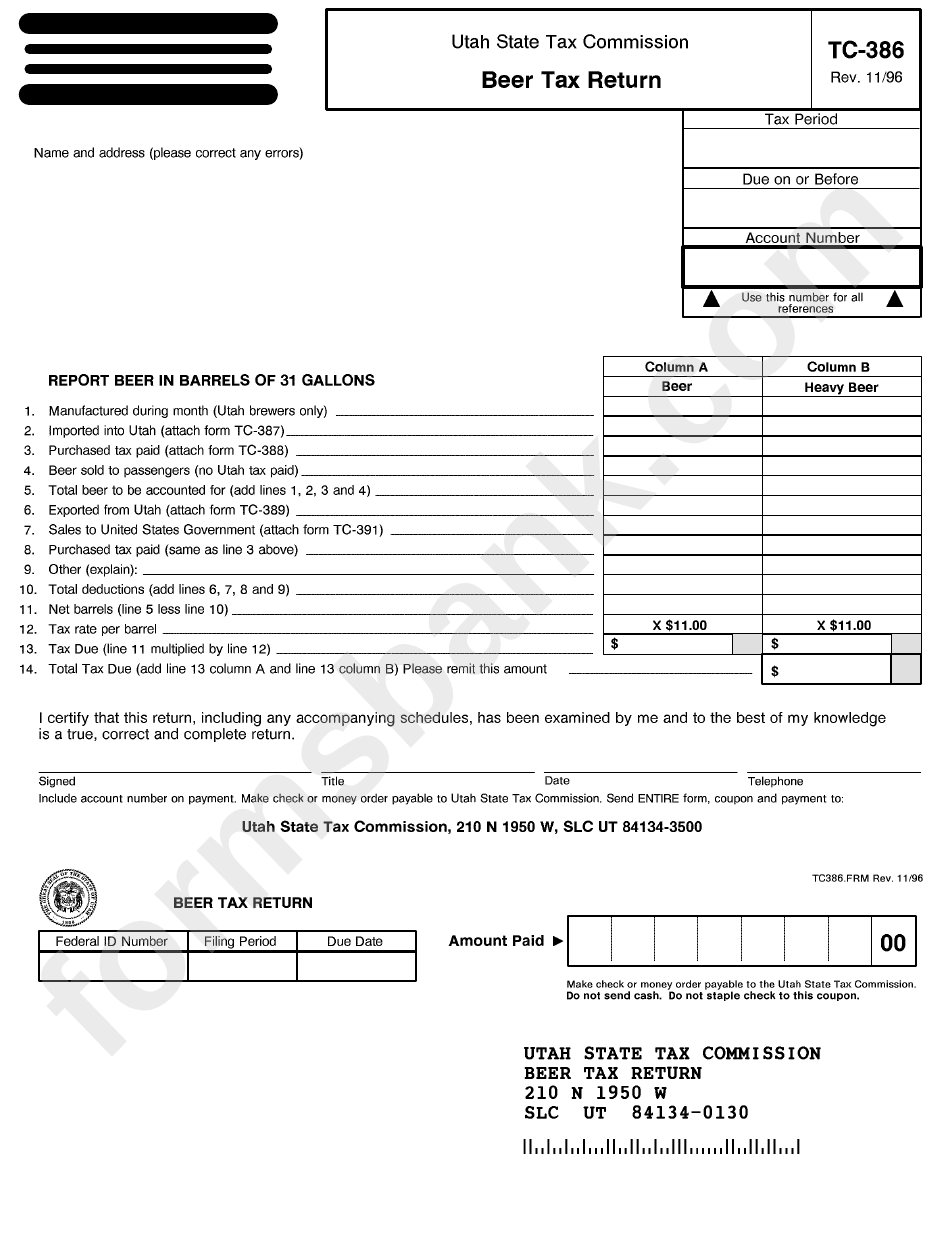 Form Tc-386 - Beer Ax Return - 1996