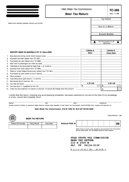 Form Tc-386 - Beer Ax Return - 1996 Printable pdf