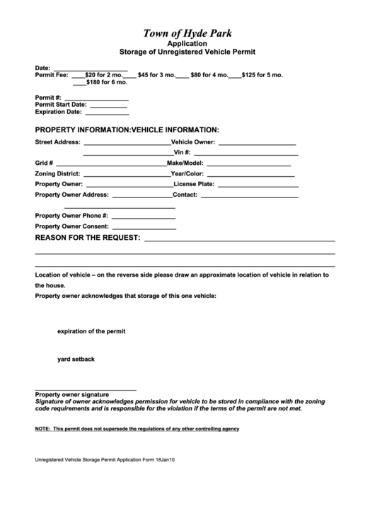Application Storage Of Unregistered Vehicle Permit Form - Town Of Hyde Park Printable pdf