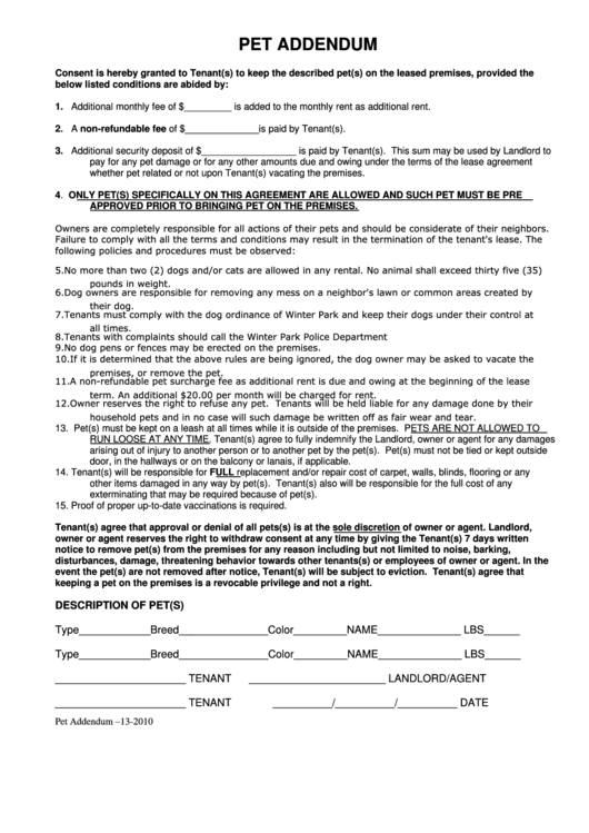 Pet Addendum Form Printable pdf