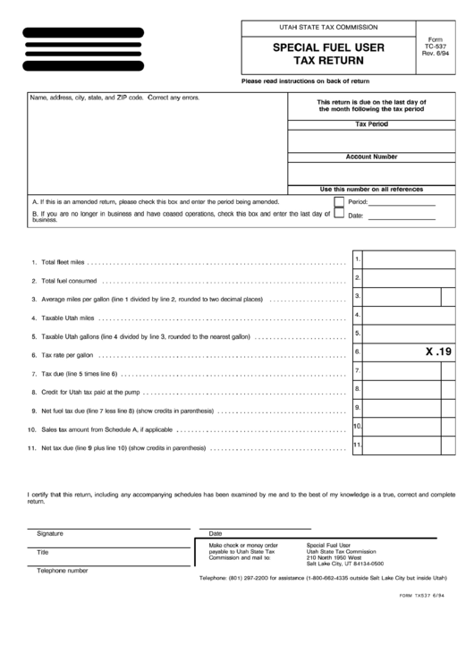 Form Tc-537 - Special Fuel User Tax Return - 1994 Printable pdf