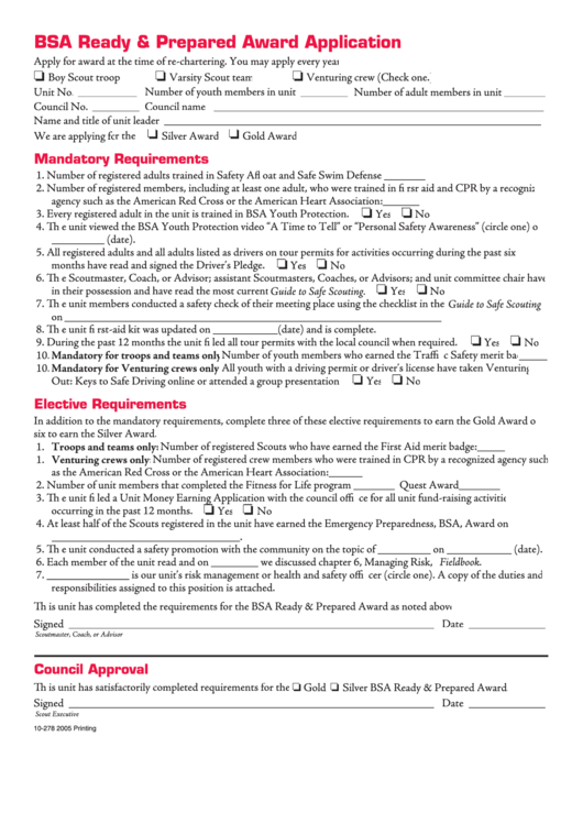 Bsa Ready & Prepared Award Application Form Printable pdf