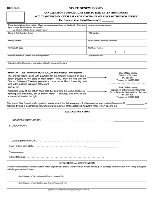 Fillable Form Rrg - Annual Report Of Premiums Paid To Risk Retention Groups Printable pdf
