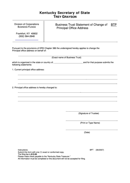 Fillable Business Trust Statement Form Of Change Of Principal Office Address Printable pdf