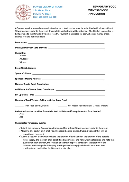 Fillable Temporary Food Event Sponsor Application Form - Denville Division Of Health, New Jersey Printable pdf