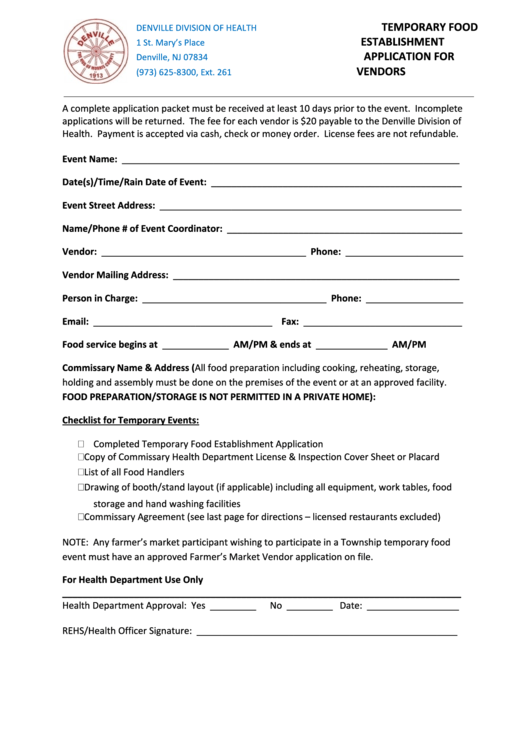 Fillable Temporary Food Establishment Application For Vendors Form - Denville Division Of Health, New Jersey Printable pdf