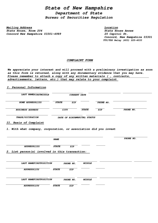 Fillable Complaint Form - New Hampshire Department Of State Bureau Of Securities Regulation Printable pdf
