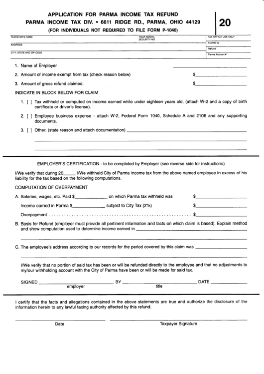 Application For Parma Income Tax Refund Form - Ohio Printable pdf
