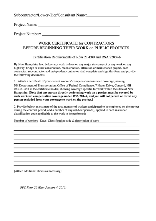 Ofc Form 26 - Work Certificate For Contractors Before Beginning Their Work On Public Projects - New Hampshire Department Of Transportation Printable pdf