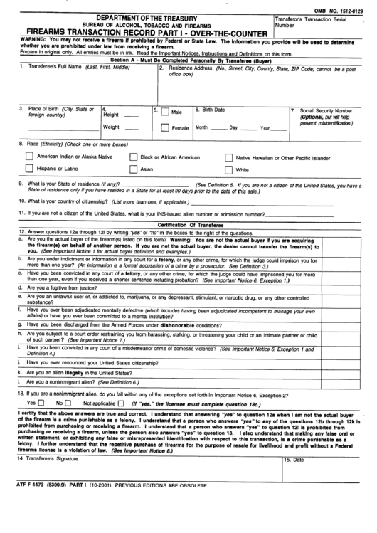 Form Atf F 4473 Firearms Transaction Report Printable Pdf Download