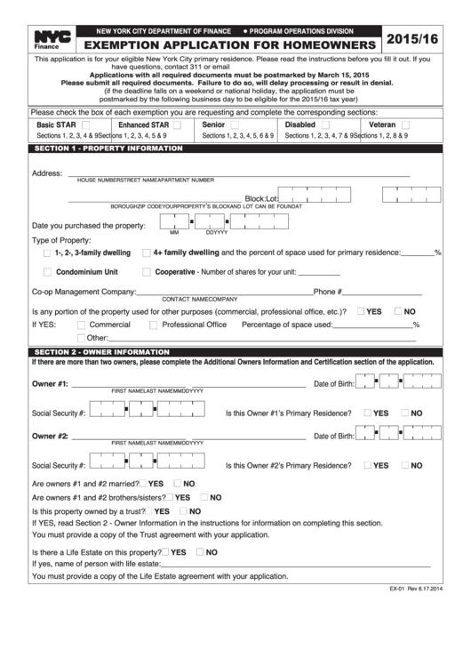 2015/16 Exemption Application For Homeowners - New York City Department Of Finance Printable pdf