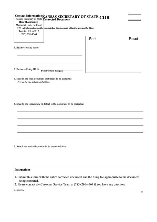 Fillable Form K.s.a.17-6003 - Corrected Document Printable pdf