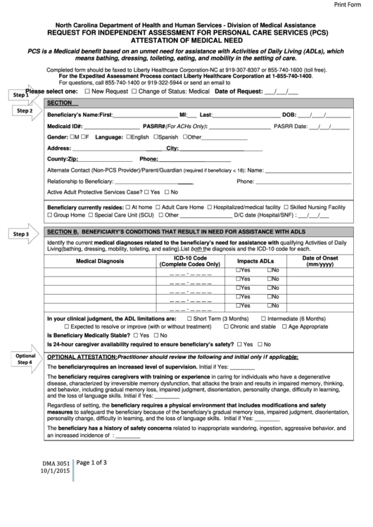 Fillable Form Dma 3051 - Request For Independent Assessment For Personal Care Services (Pcs) Attestation Of Medical Need - North Carolina Department Of Health And Human Services Printable pdf