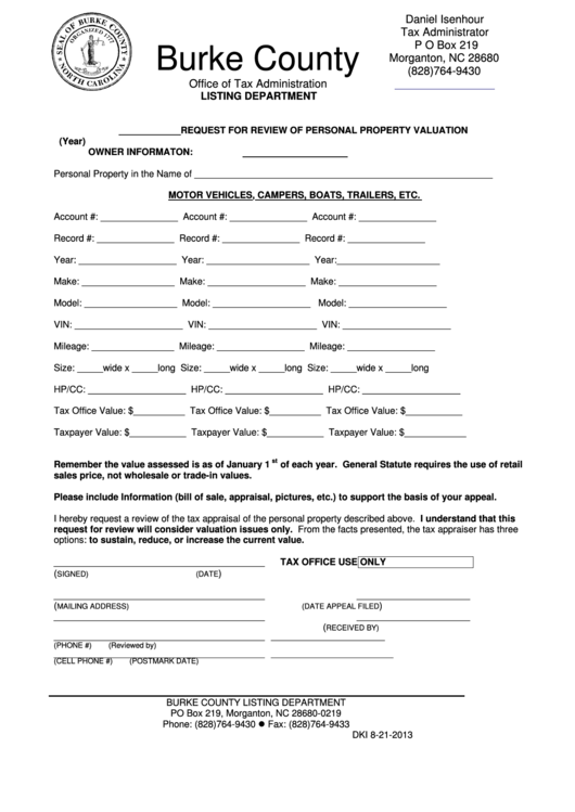 Request For Review Of Personal Property Valuation Form - Burke County Listing Department Printable pdf