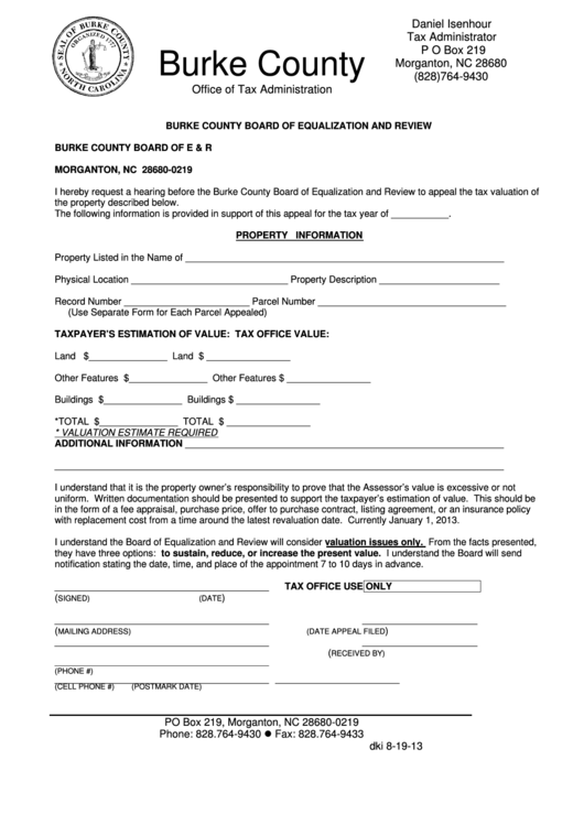 Burke County Board Of Equalization And Review Form - Burke County Board Of E&r Printable pdf