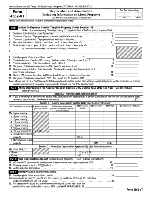 Form 4562-Vt - Depreciation And Amortization (Including Information On Listed Property) Printable pdf