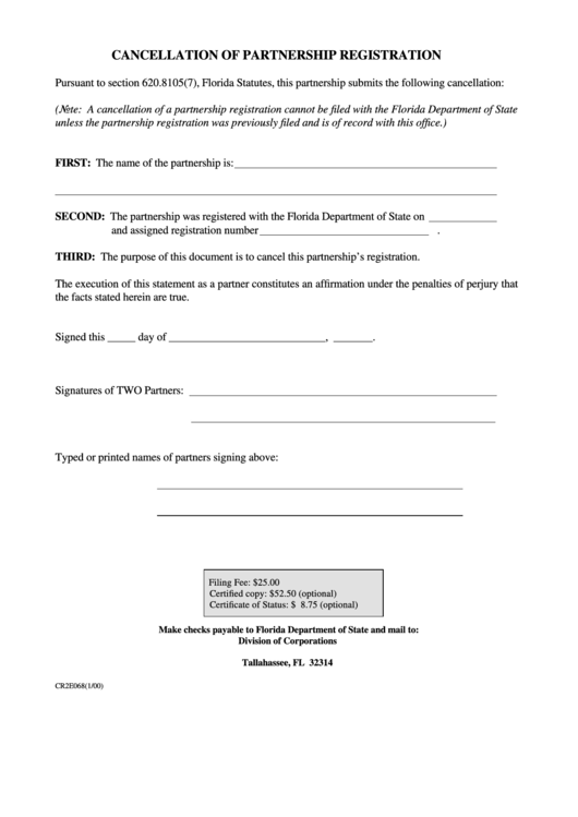 Cancellation Of Partnership Registration Form - Florida Department Of State Printable pdf