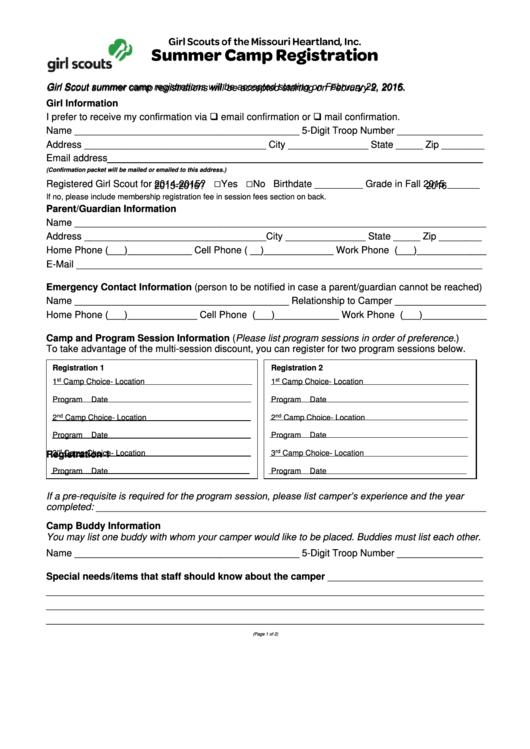 Fillable Summer Camp Registration Form - Girl Scouts Of The Missouri Heartland Printable pdf