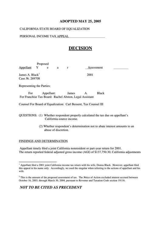 Personal Income Tax Appeal Form - California State Board Of Equalization Printable pdf