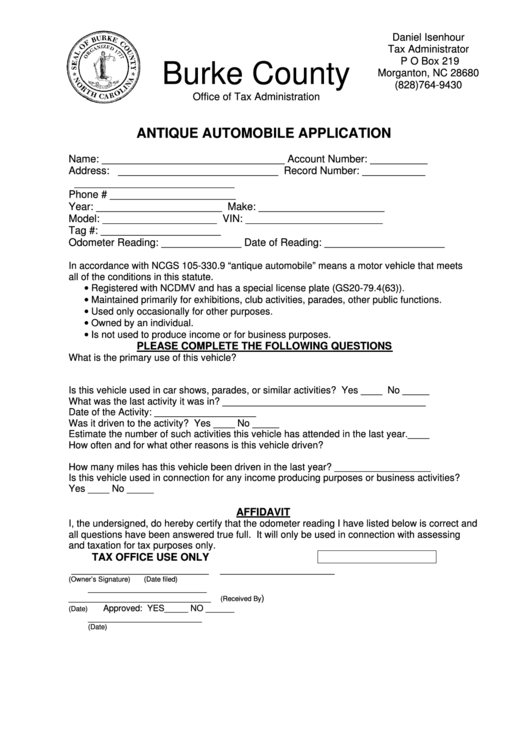 Antique Automobile Application Form - Burke County, North Carolina Printable pdf