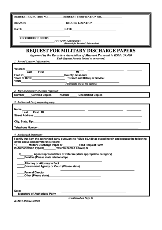 Request For Military Discharge Papers Form - Missouri Printable pdf