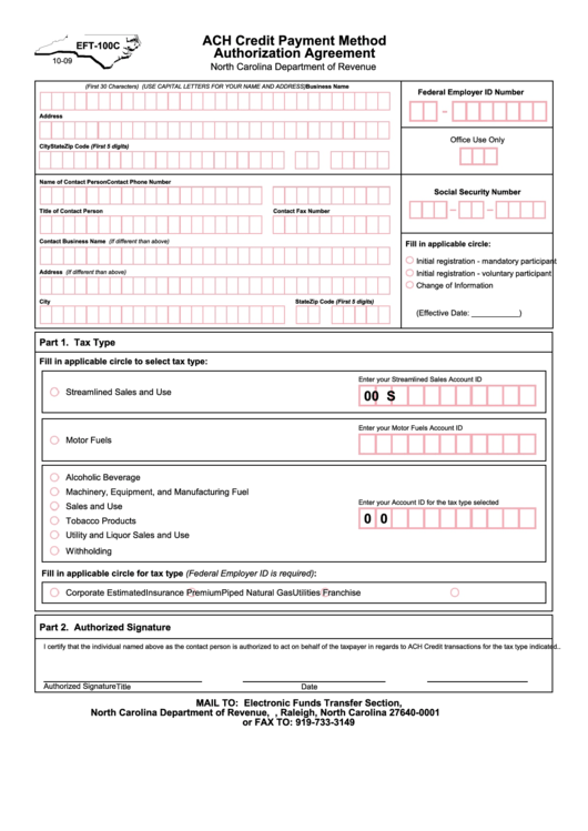 Form Eft-100c - Authorization Agreement Printable pdf