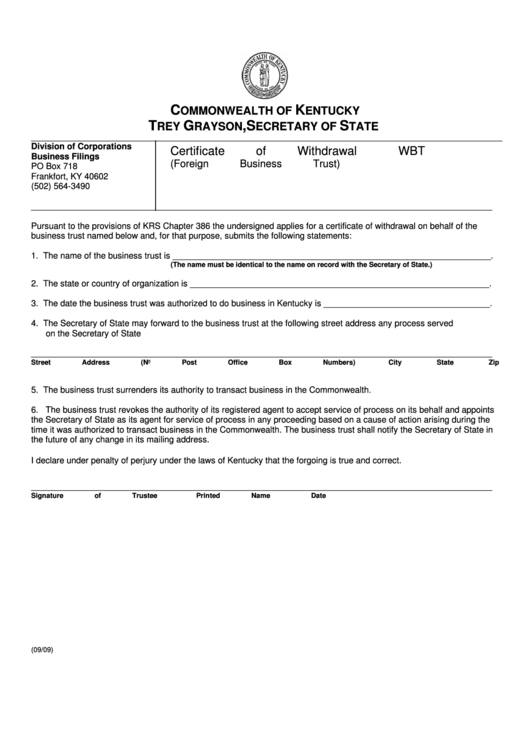 Fillable Form Wbt - Certificate Of Withdrawal (Foreign Business Trust) - 2009 Printable pdf