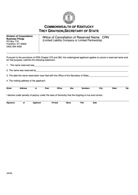 Fillable Form Crn - Notice Of Cancellation Of Reserved Name - 2009 Printable pdf