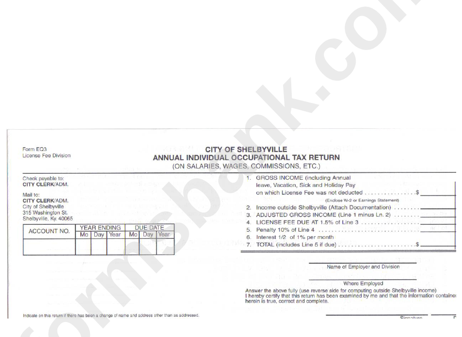Form Eq3 - Annual Individual Occupational Tax Return - City Of Shelbyville