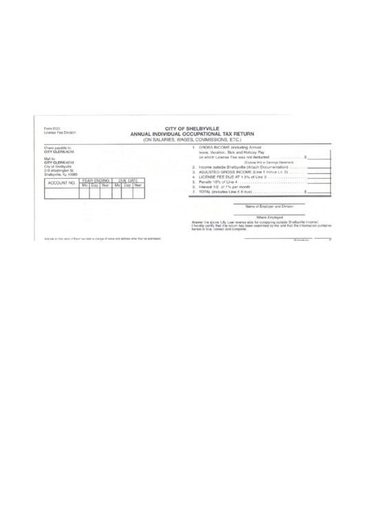 Form Eq3 - Annual Individual Occupational Tax Return - City Of Shelbyville Printable pdf