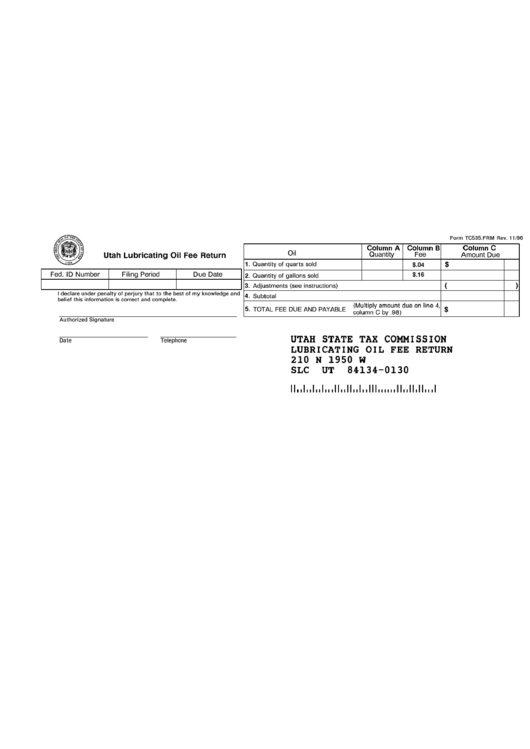 Form Tc535.frm - Utah Lubricating Oil Fee Return - 1996 Printable pdf