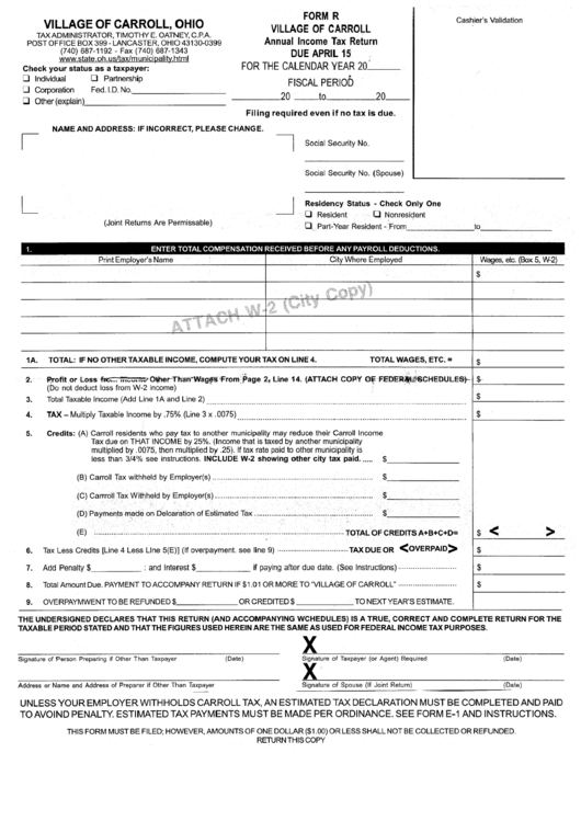 Form R - Annual Income Tax Return - Village Of Carroll Printable pdf