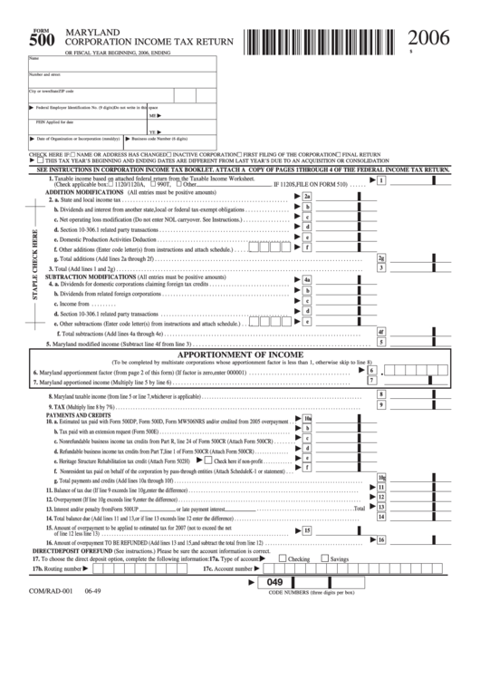 Fillable Form 500 - Maryland Corporation Income Tax Return - 2006 Printable pdf