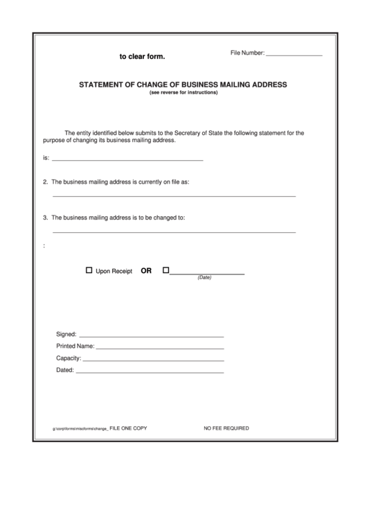 Fillable Form For Statement Of Change Of Business Mailing Address Printable pdf