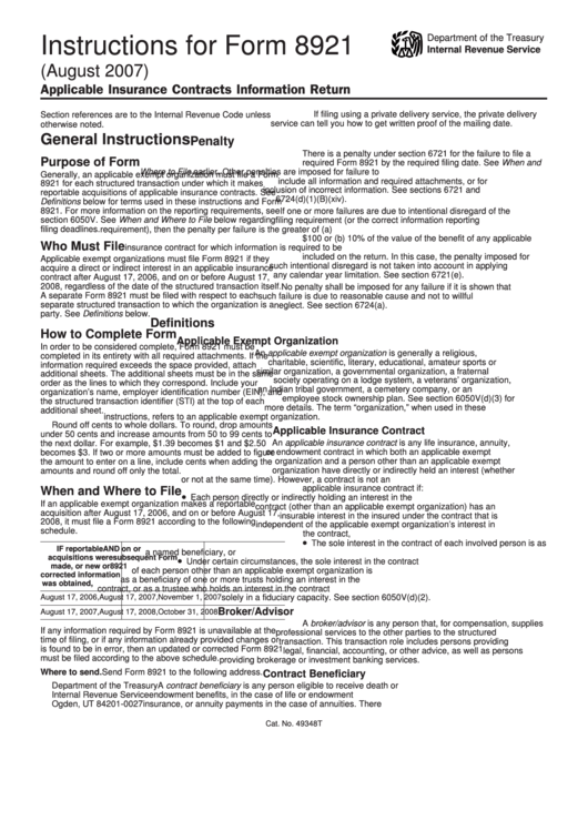 Instructions For Form 8921 (2007) - Internal Revenue Service Printable pdf