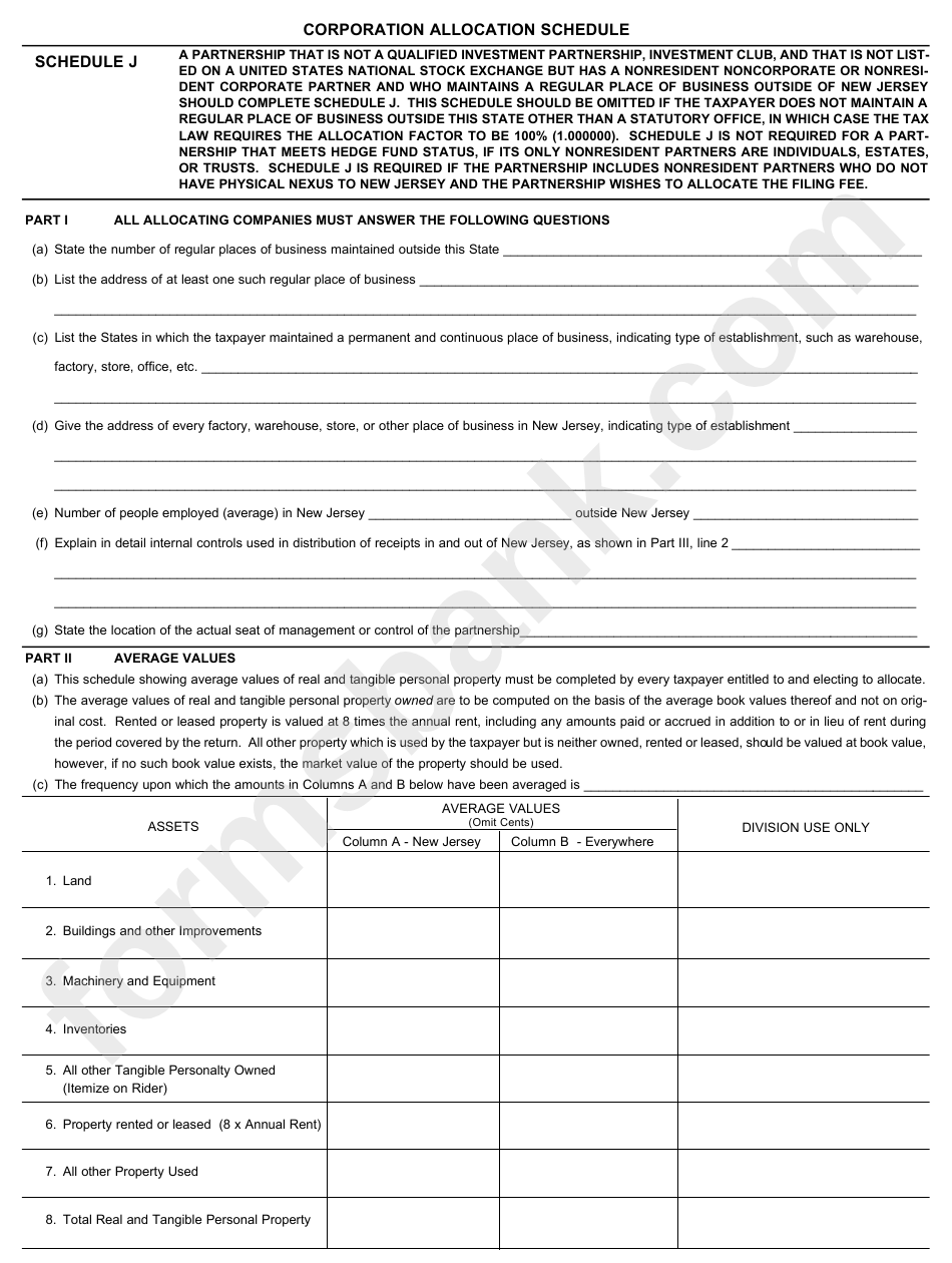 Corporation Allocation Schedule Form - New Jersey