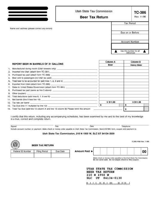 Form Tc-386 - Beer Tax Return - 1996 Printable pdf