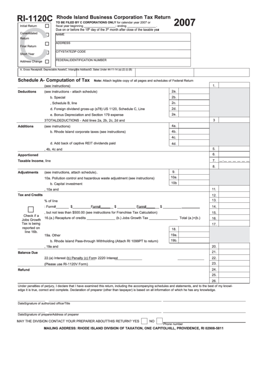 Form Ri-1120c - Rhode Island Business Corporation Tax Return - 2007 Printable pdf