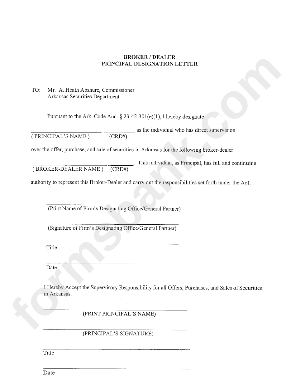 Broker/dealer Principal Designation Letter Form - Arkansas Securities Department
