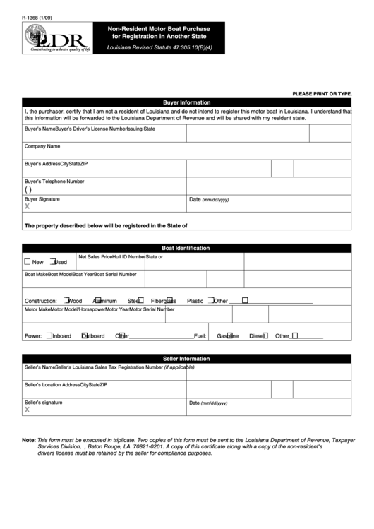 Fillable Form R-1368 - Non-Resident Motor Boat Purchase For Registration In Another State Printable pdf