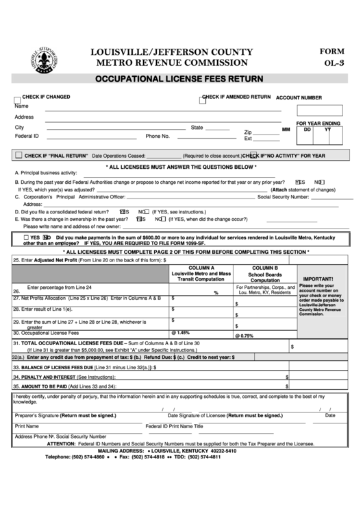 Form Ol-3 - Occupational License Fees Return - Louisville/jefferson County printable pdf download