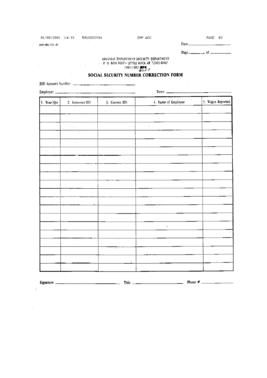 Form Esd-Ark-223 (B) - Social Security Number Correction - Arkansas Employment Security Department Printable pdf