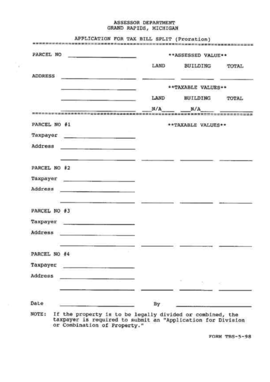 Form Tbs-5-98 - Application For Tax Bill Split (Proration) Form Michigan - Assessor Department Printable pdf