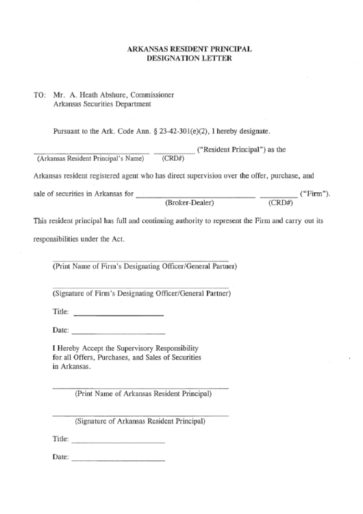 Arkansas Resident Principal Designation Letter Form - Arkansas Securities Department Printable pdf