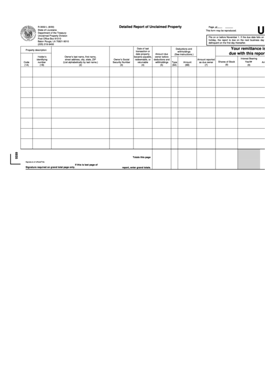 Form R-3002-L - Detailed Report Of Unclaimed Property - Up-2 Printable pdf