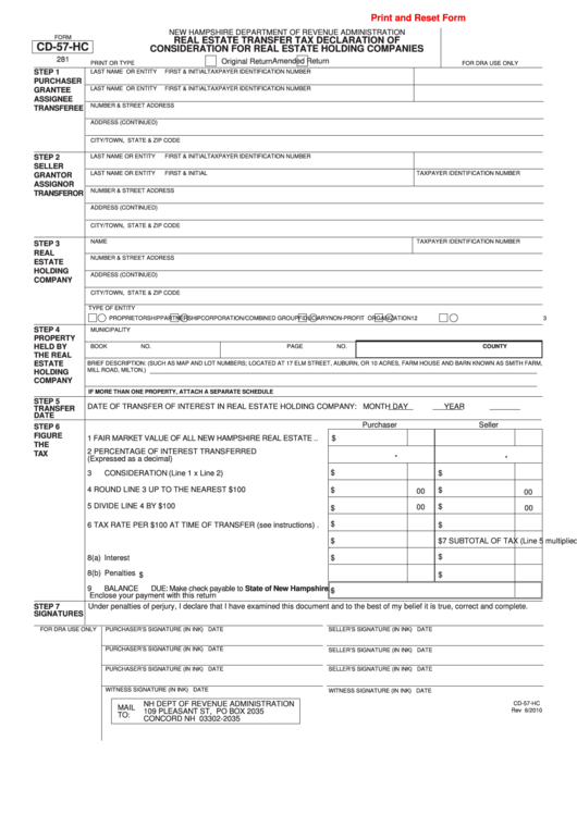 Fillable Form Cd-57-Hc - Real Estate Transfer Tax Declaration Of Consideration For Real Estate Holding Companies - 2010 Printable pdf