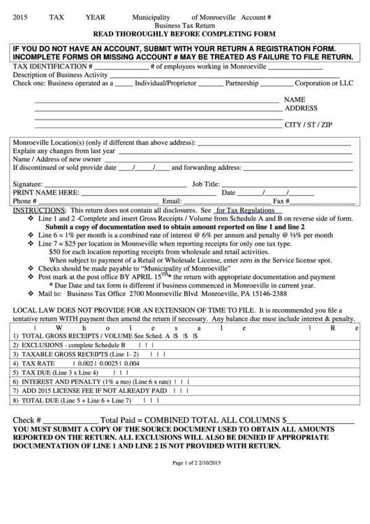 2015 Business Tax Return Form - Municipality Of Monroeville Printable pdf