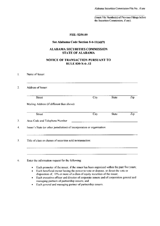 Notice Of Transaction Pursuant Form To Rule 830-X-12 - Alabama Securities Comission Printable pdf