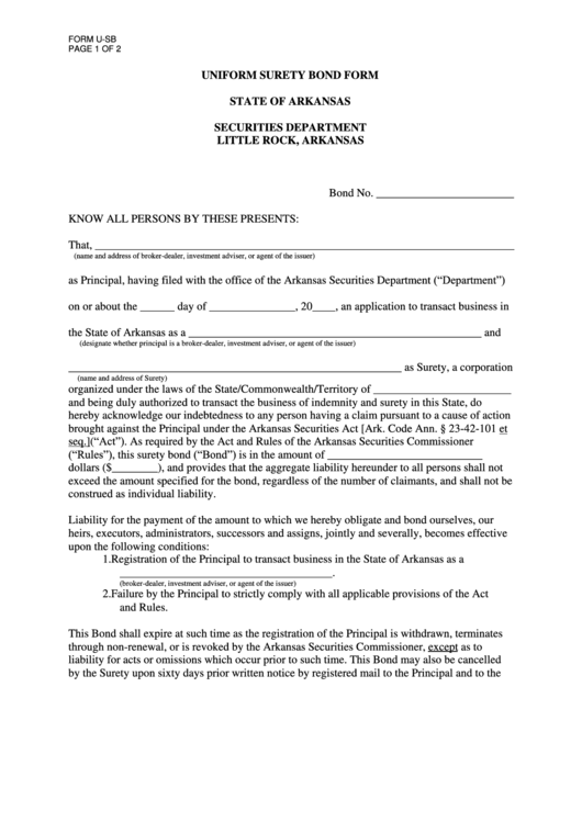 Form U-Sb - Uniform Surety Bond Form - Securities Department - Arkansas Printable pdf